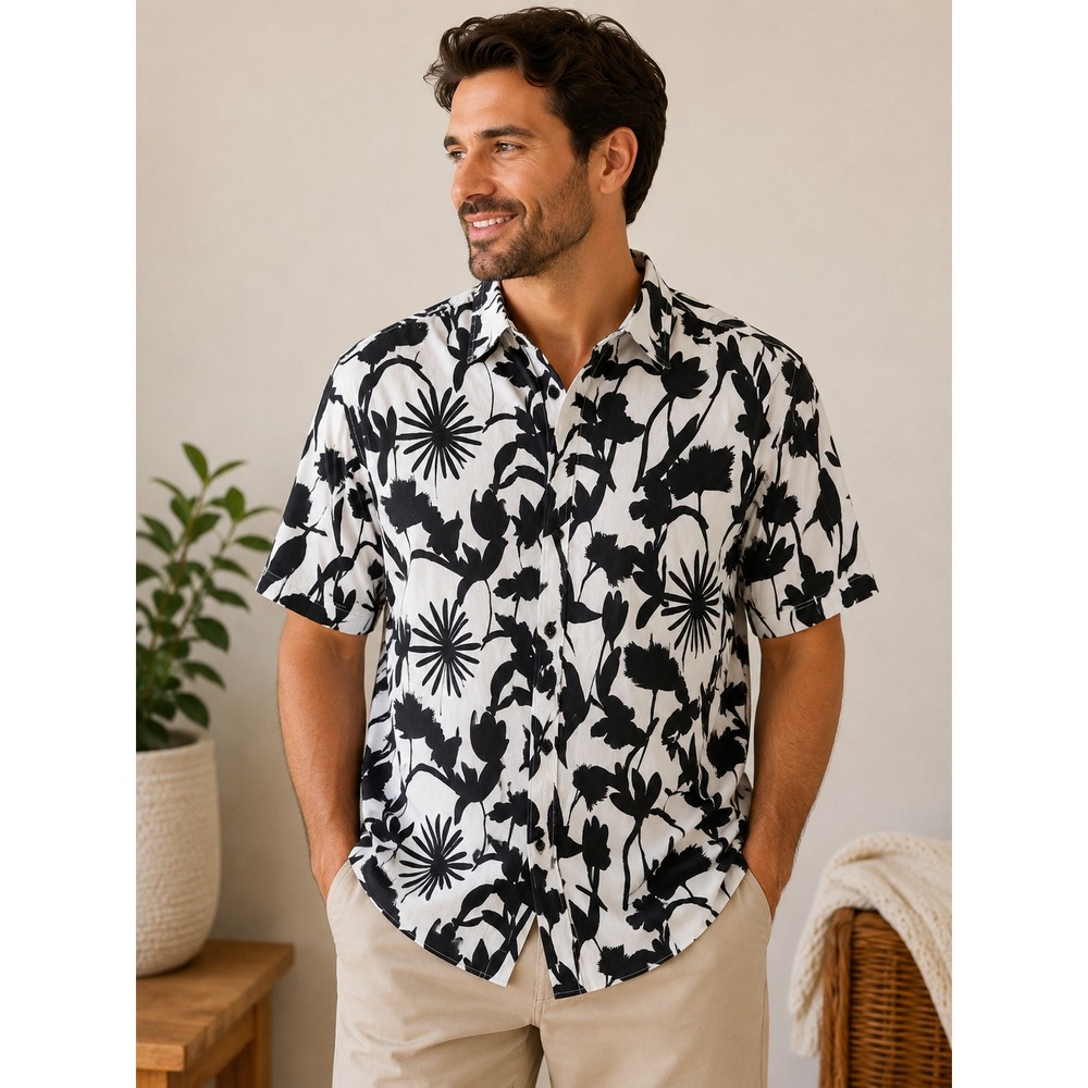VatPave Mens XXXL Short Sleeve Button Up Shirt Black White Floral Print Summer